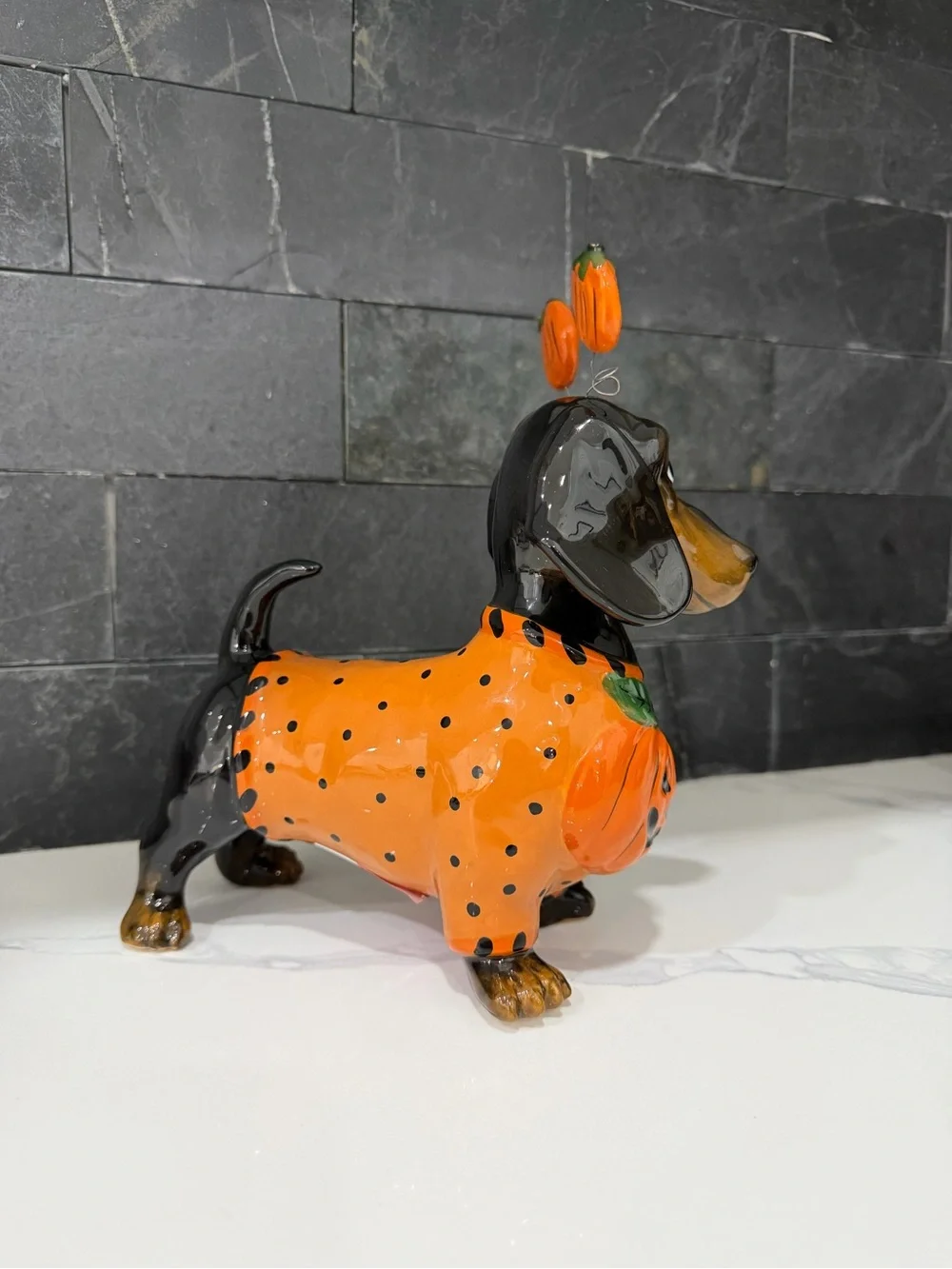 Halloween Dachshund Dog Figurine - Orange Pumpkin Costume